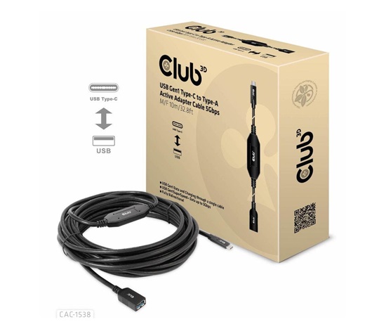 BAZAR - Club3D Kabel USB-C na USB-A, Aktivní adaptér/kabel, 5 Gbps (M/F), 10m - Rozbaleno (Komplet)