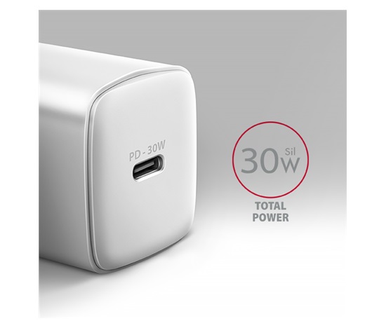 AXAGON ACU-PD30W, ładowarka sieciowa Sil 30W, 1x port USB-C, PD3.0/PPS/QC4+/SFC/AFC/Apple, biała