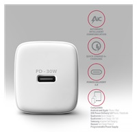 AXAGON ACU-PD30W, ładowarka sieciowa Sil 30W, 1x port USB-C, PD3.0/PPS/QC4+/SFC/AFC/Apple, biała