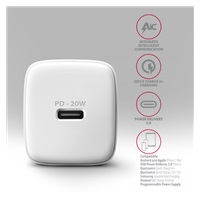 AXAGON ACU-PD20W, ładowarka sieciowa 20W, 1x port USB-C, PD3.0/PPS/QC4+/AFC/Apple, biała