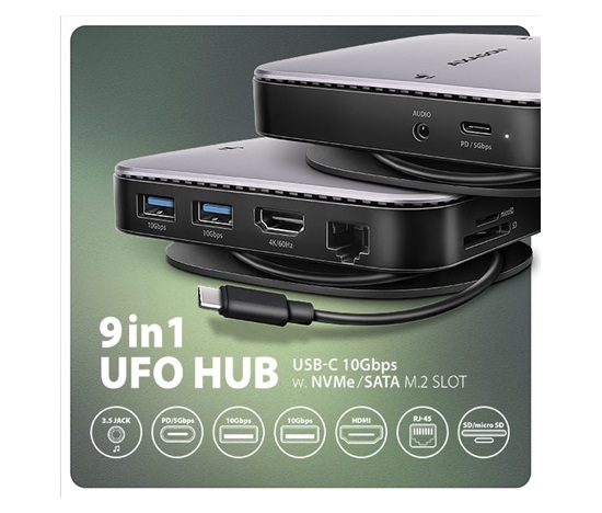 AXAGON HMC-UFO, USB 10Gbps hub, 2x USB-A, USB-C, HDMI 4k/60, RJ-45, M.2 slot, SD/mSD, audio, PD 100W, kabel USB-C 65cm