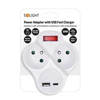 Solight rozbočka s USB A+C rychlonabíječkou 20W PD, 2 x 10A, bílá, vypínač