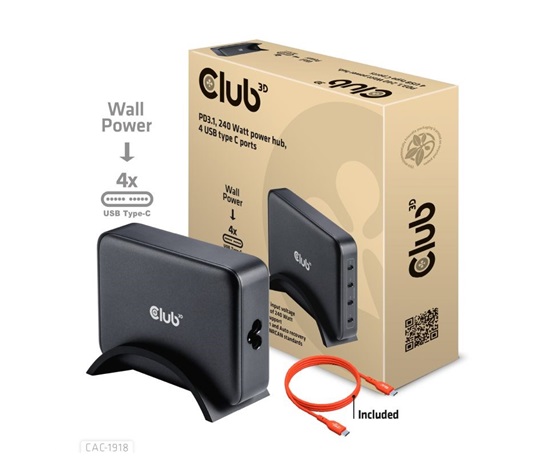 Club3D cestovní nabíječka 240W GaN technologie, 4xUSB-C, PPS + PD 3.1 Support