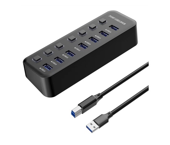 PREMIUMCORD Hub USB 3.2, 7-portový s vypínači portů, 5G SuperSpeed, Černá