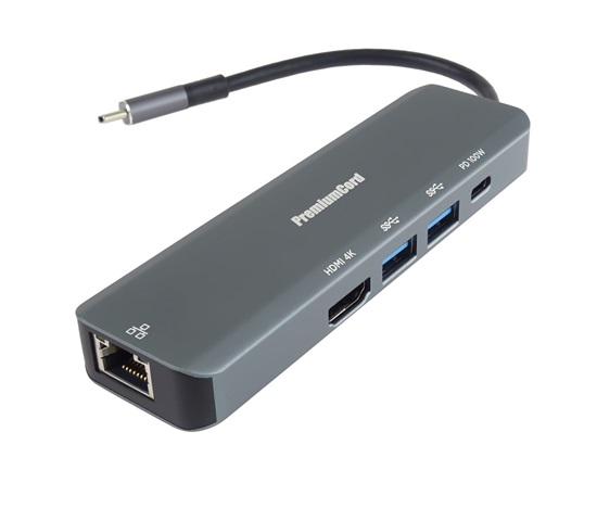 PREMIUMCORD Adaptér USB-C na Gigabit 10/100/1000Mbps + 1x HDMI,  2x USB3.2, 1x PD 100W konektor, Šedá