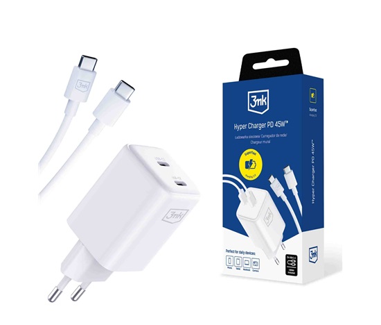 3mk Hyper Charger PD 45W+USB Cable C to C White