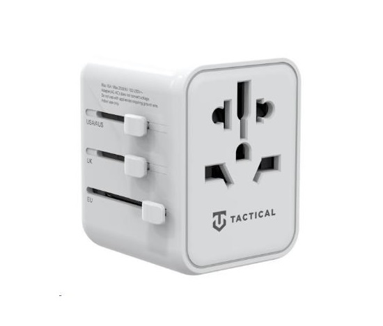 Tactical cestovní adaptér pro EU/UK/USA/JAP/AUS/CNY, 1x USB-C + 1x USB A, 12W, bílá