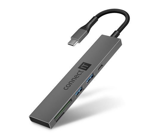 CONNECT IT USB-C hub, 2x USB-A, 1x USB-C, 1x SD karta, 1x MicroSD karta, šedá