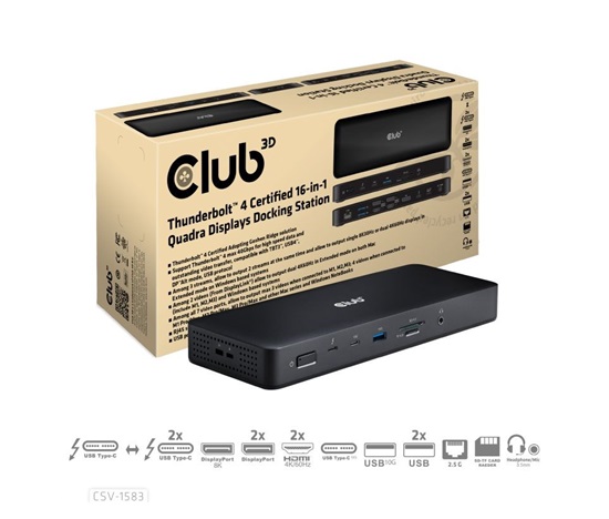 Club3D Dokovací stanice USB-C 16v1, 3xDP, 2xHDMI, 1xUSB-C, 3xUSB, 1xRJ45, 1x3.5mm, černá