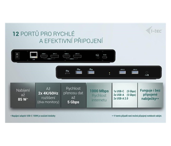 i-tec Universal Dual 4K Display Docking Station, Power Delivery 85W + i-tec USB-C Charger 100W