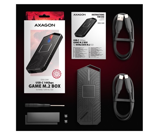 AXAGON EEM2-GAM, USB-C 10Gbps - NVMe & SATA SSD GAME M.2 box, bezśrubowy