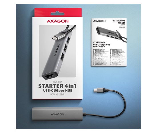 AXAGON HMC-H3A, USB 5Gbps hub, 3x USB-A, HDMI 4k/30Hz, kabel USB-C 15cm