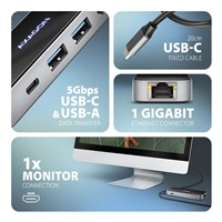 AXAGON HMC-6GLN, USB 5Gbps hub, 2x USB-A, USB-C, HDMI 4k/60Hz, RJ-45 GLAN, PD 100W, kabel USB-C 20cm
