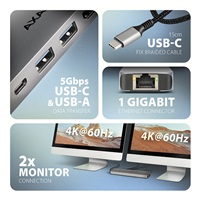 AXAGON HMC-7HX2, USB 5Gbps hub, 2x USB-A, USB-C, 2x HDMI 4k/60Hz, RJ-45 GLAN, PD 100W, kabel USB-C 15cm