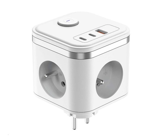 Viking síťový adaptér Y33, 3x 230 V, 1x USB-A, 2x USB-C, tlačítko ON/OFF, bílá