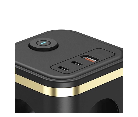Viking síťový adaptér Y33, 3x 230 V, 1x USB-A, 2x USB-C, tlačítko ON/OFF, černá