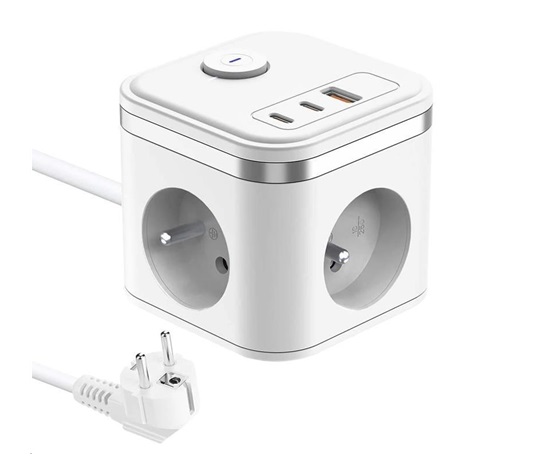 Viking síťový adaptér YC33, 3x 230 V, 1x USB-A, 2x USB-C, tlačítko ON/OFF, délka 1,4 m, bílá