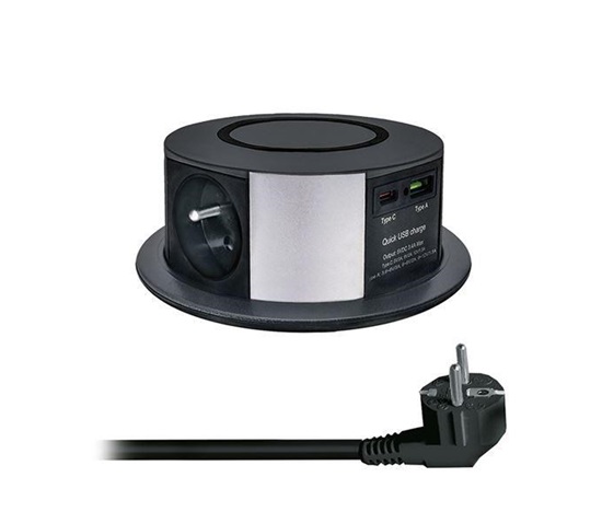 Solight 3z + USB A+C 20W PD, Wireless 10W, výsuvný blok zásuvek, 2m, černý
