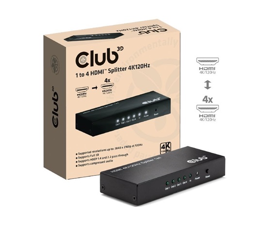 Club3D Video rozbočovač 1:4 HDMI 2.0 4K120Hz, 4 porty, černá