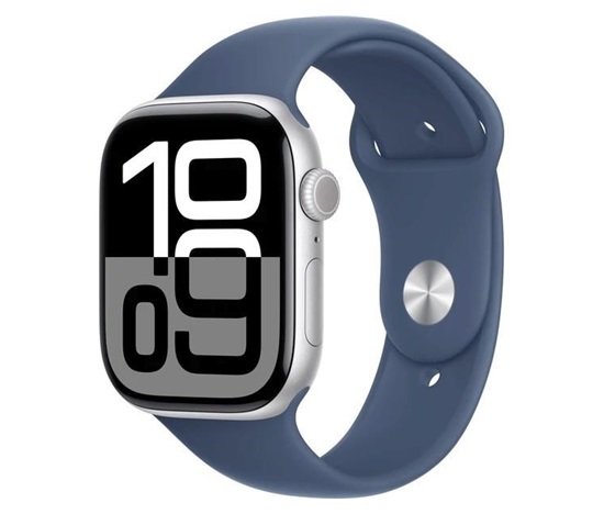 Apple Watch Series 10 GPS + Cellular 46mm Silver Aluminium Case with Denim Sport Band - S/M