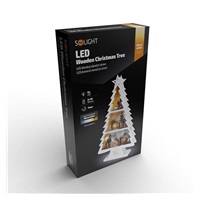 Solight LED dřevěný vánoční stromek s dekoracemi, 13x LED, bílá, 53cm, 2x AA