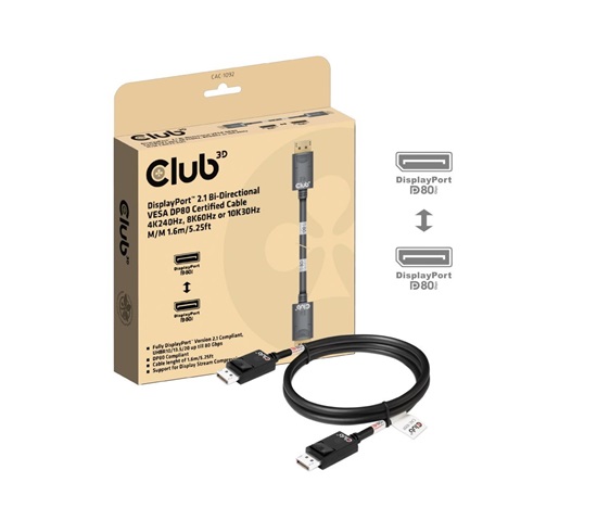 Club3D Kabel DisplayPort 2.1 na DisplayPort 2.1, VESA DP80, 4K240Hz/8K60Hz/10K60Hz (M/M), 1.6m, černá