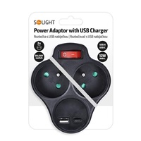 Solight rozbočka s USB A+C nabíječkou, 2 x 10A, černá, vypínač