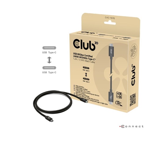 Club3D Kabel USB4 v2 Typ-C, 80Gbps, Certifikovaný kabel, 4K540Hz, 16K60Hz, PD 240W, 1m