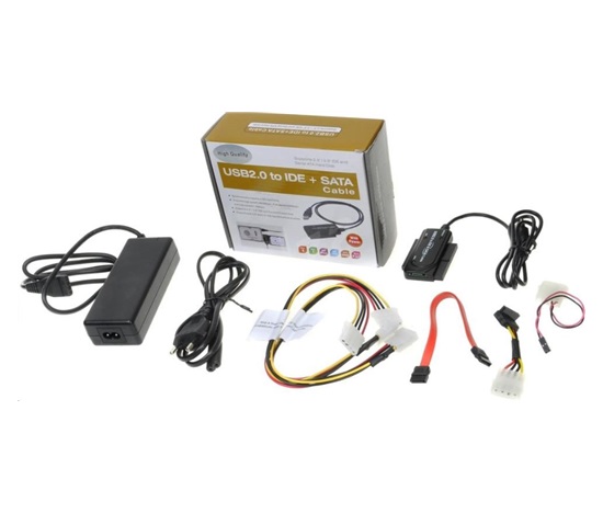 BAZAR - PREMIUMCORD USB 2.0 - IDE + SATA adapter s kabelem a přídavným zdrojem - Pošk. obal