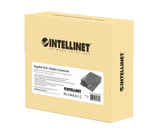 Gigabit PoE+ Media Converter, 1000Base-T RJ45 Port to 1000Base-LX (SC) Single-Mode, 20 km (12.4 mi.), PoE+ Injector