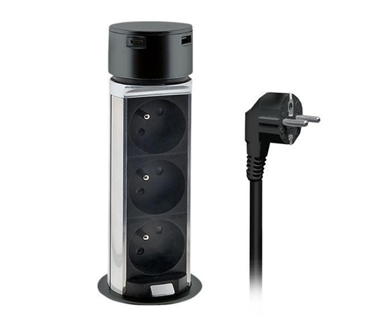 Solight 3z + USB A+C výsuvný blok zásuvek, 2m, černý