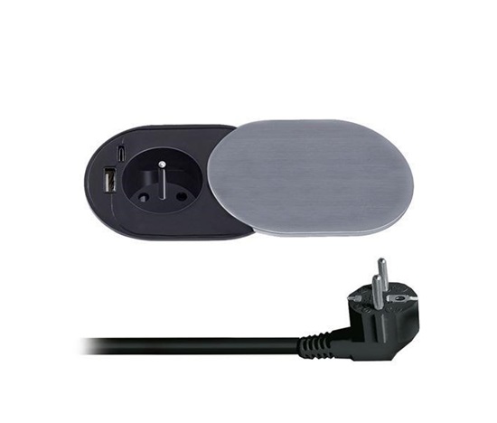 Solight 1z + USB A+C 20W PD vestavná zásuvka s posuvným víčkem, 2m, stříbrná
