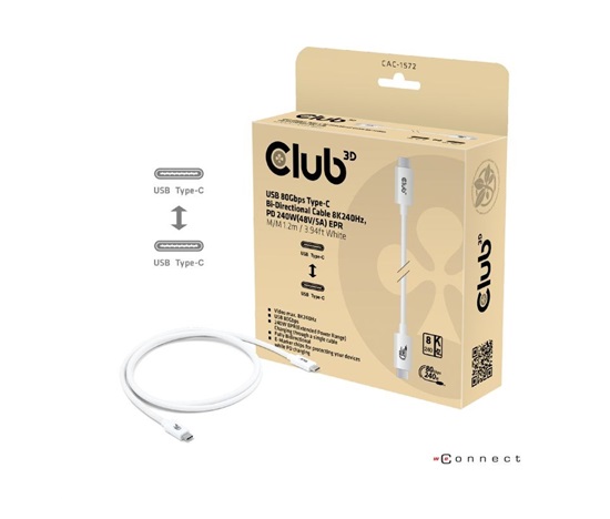 Club3D Kabel USB4 Typ-C, 80Gbps, Certifikovaný kabel, 4K540Hz, 8K240Hz, 16K60Hz, PD 240W, 1.2m, bílá