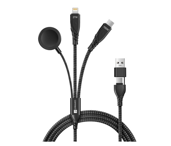 CONNECT IT Nabíjecí kabel Wirez 6v1, USB-C/USB, Lightning, Bezdrátová nabíječka na hodinky, 1.25m, černá