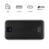 Hama PD 20 powerbanka, 20000 mAh, PD, Qualcomm, 3 výstupy: 2x USB-C, 1x USB-A, LED displej,
