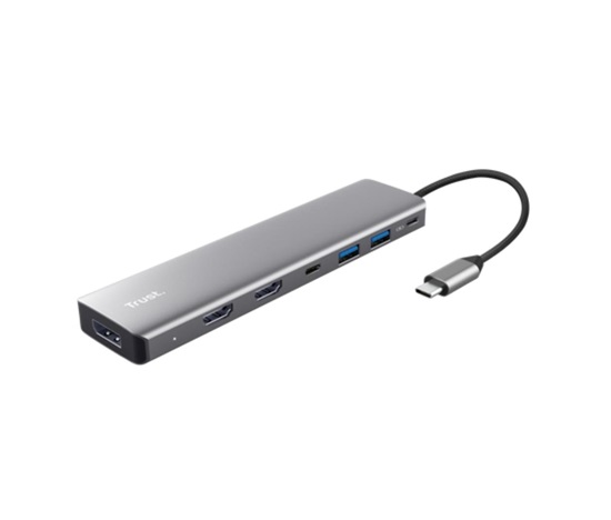 TRUST Dokovací stanice DALYX, 7-in-1, Vstup USB-C, 2xHDMI, 1xDP, 2xUSB, 2xUSB-C, šedá