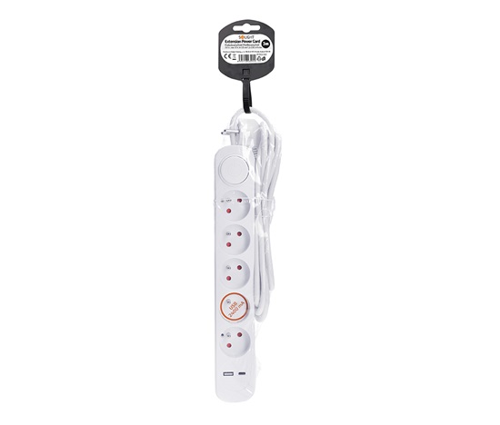 Solight prodlužovací přívod 5 zásuvek, USB A+C nabíječka 12W, 3m, 3 x 1mm2, bílý, vypínač