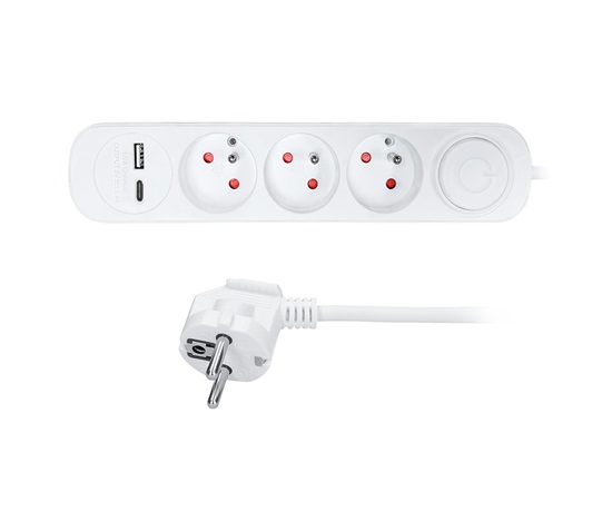 Solight 3z prodlužovací přívod s USB A+C nabíječkou 2.4A, 2m, 3 x 1mm2, bílý, vypínač