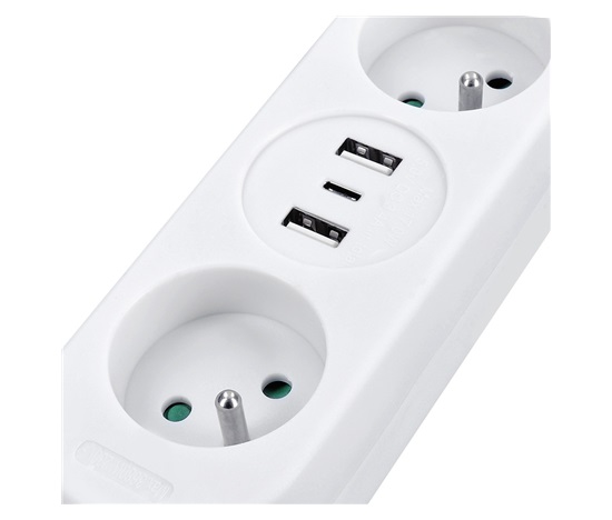 Solight 2z + USB A+C 17W, cestovní prodlužovací přívod 1.5m, bílý