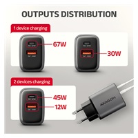 AXAGON ACU-PQ67, ładowarka sieciowa GaN 67 W, wyjście USB-A + USB-C, PD3.0/PPS/QC4+/SFC2.0/Apple
