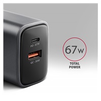 AXAGON ACU-PQ67, ładowarka sieciowa GaN 67 W, wyjście USB-A + USB-C, PD3.0/PPS/QC4+/SFC2.0/Apple