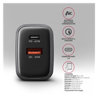 AXAGON ACU-PQ67, ładowarka sieciowa GaN 67 W, wyjście USB-A + USB-C, PD3.0/PPS/QC4+/SFC2.0/Apple