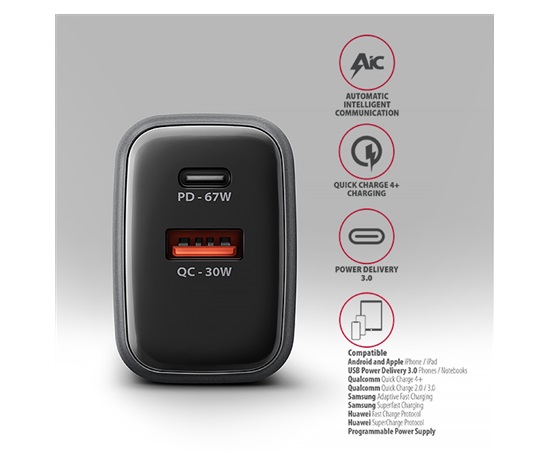 AXAGON ACU-PQ67D, ładowarka sieciowa GaN 67 W, wyjście USB-A + USB-C, PD3.0/PPS/QC4+/SFC2.0/Apple, wyświetlacz LCD
