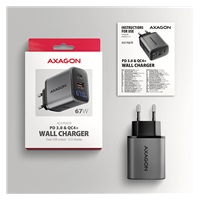 AXAGON ACU-PQ67D, ładowarka sieciowa GaN 67 W, wyjście USB-A + USB-C, PD3.0/PPS/QC4+/SFC2.0/Apple, wyświetlacz LCD