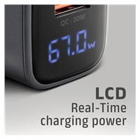 AXAGON ACU-PQ67D, ładowarka sieciowa GaN 67 W, wyjście USB-A + USB-C, PD3.0/PPS/QC4+/SFC2.0/Apple, wyświetlacz LCD