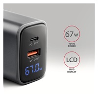 AXAGON ACU-PQ67D, ładowarka sieciowa GaN 67 W, wyjście USB-A + USB-C, PD3.0/PPS/QC4+/SFC2.0/Apple, wyświetlacz LCD