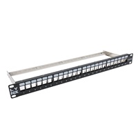 LYNX Patch panel, 19'', 24 portů, 1U, Cat5e/6/6A/7, neosazený, stíněný, vyvazovák, černý