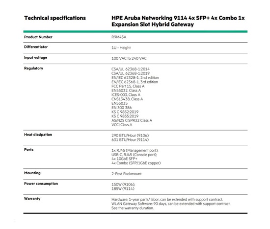 HPE Aruba Networking 9114 4x SFP+ 4x Combo 1x Expansion Slot Hybrid Gateway R9M45AR RENEW