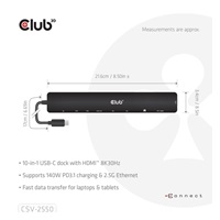 Club3D Dokovací stanice USB-C 10v1, 140W PD, 1xHDMI, 3xUSB-C, 3xUSB, 1xRJ45, černá