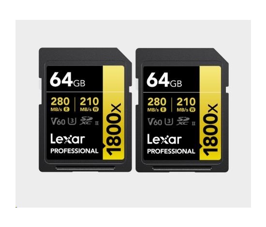 Lexar SDXC Pro 1800x U3 UHS-II R280/W210 (V60) 64GB - 2pack